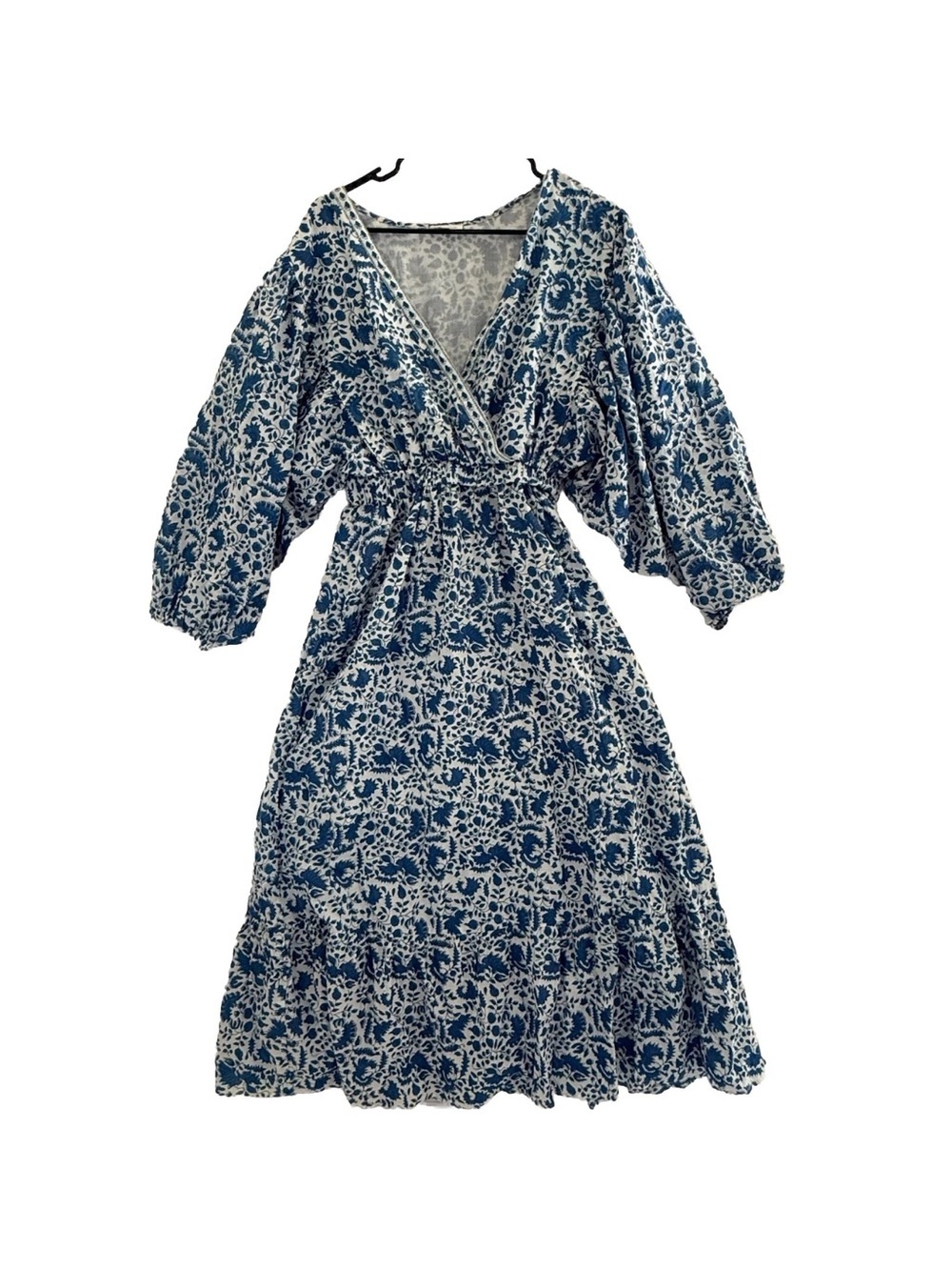 Pomegranate 100% Cotton Blue White Floral India Boho Prairie Midi Dress M